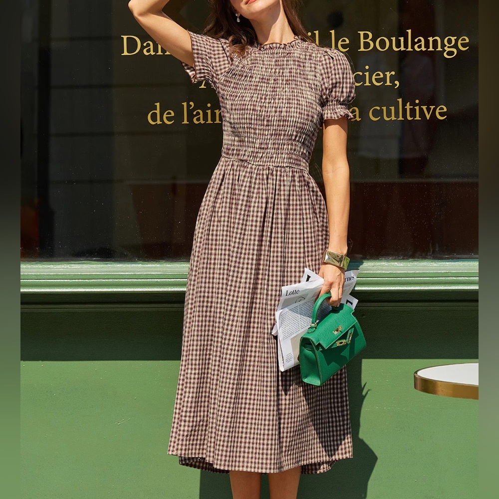 RIHOAS Brown Gingham Midi Dress